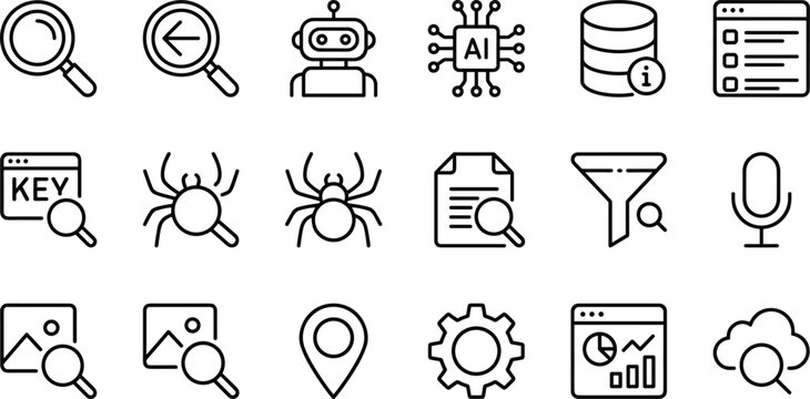 Search Engine Optimization and Web Crawler Line Icon Set with Data Analytics and Artificial Intelligence Symbols