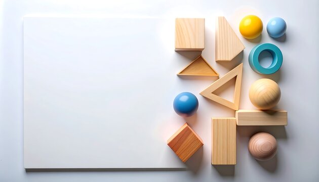 Wooden blocks of different shapes and colors arranged on a white surface