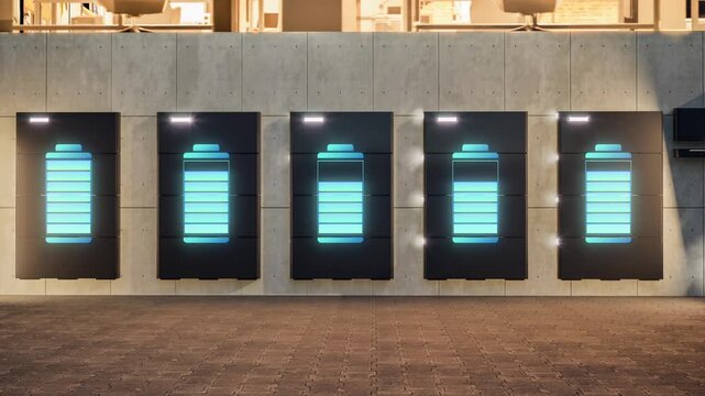 3d rendering group of home batteries or energy storage systems with digital graphic display at office 4k footage