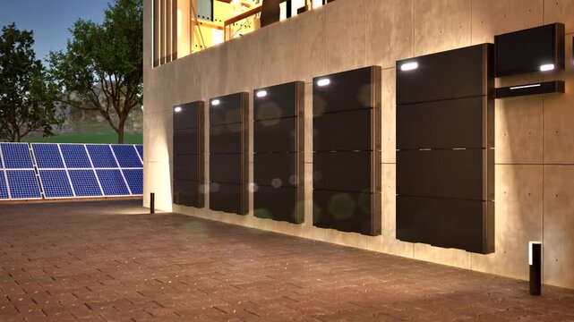 3d rendering group of home batteries or energy storage systems with solar panels 4k footage
