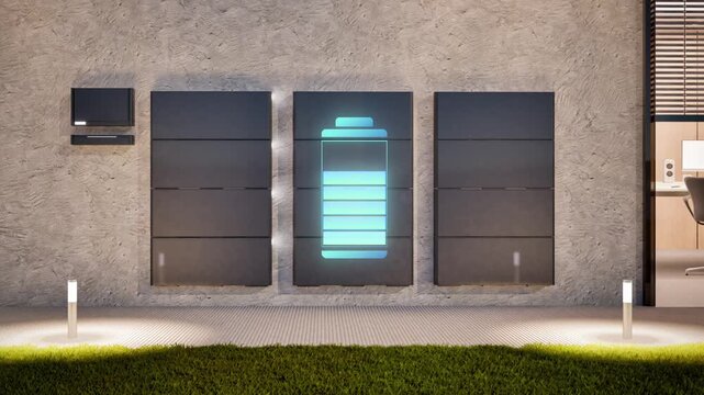 3d rendering group of home batteries or energy storage systems with digital graphic display at office 4k footage