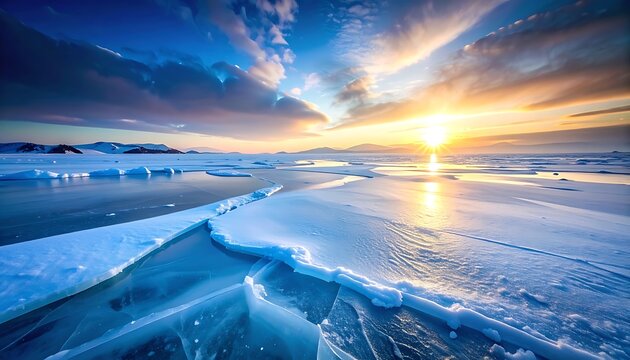 Frozen landscape with ice and sunset.