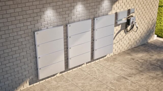 3d rendering group of home batteries or energy storage systems in garage 4k footage