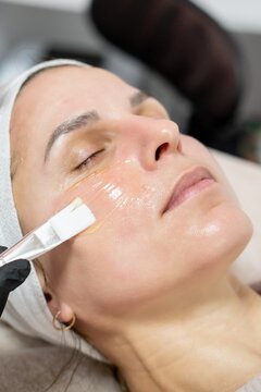 Cosmetic treatment. Hydrating face. Beauty master in gloves applying nourishing product for woman client with brush in spa salon.