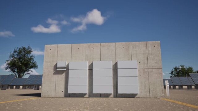 3d rendering group of home batteries or energy storage systems on wall outdoor 4k footage