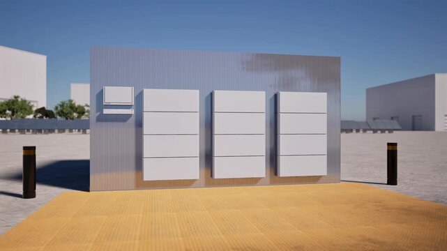 3d rendering group of home batteries or energy storage systems on wall outdoor 4k footage