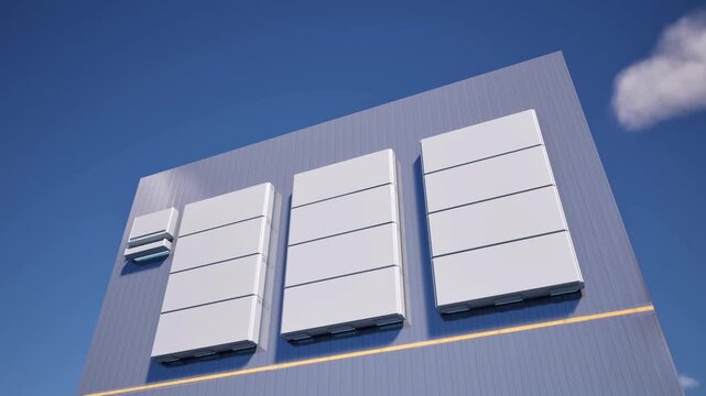 3d rendering group of home batteries or energy storage systems on wall outdoor 4k footage