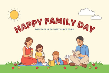 Fototapeta premium Happy family day poster design featuring parents and children enjoying picnic outdoors in sun.
