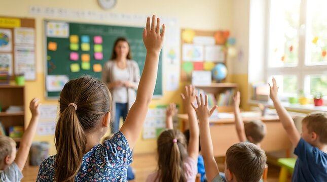 Enthusiastic primary school children sitting in classroom with hands raised while standing teacher waits for responses during interactive lesson with colorful notes on board behind.