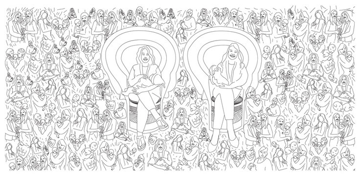 Line art collage of many mothers breastfeeding and holding their newborn babies.