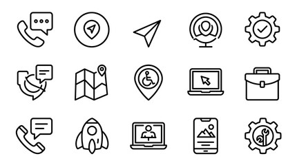 Creative Black and White Line Icons Set Featuring Communication Technology Travel and Business Concepts © Kusuka
