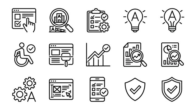 Modern Black and White Line Icons Set Featuring Web Accessibility Analytics Security and Development Concepts