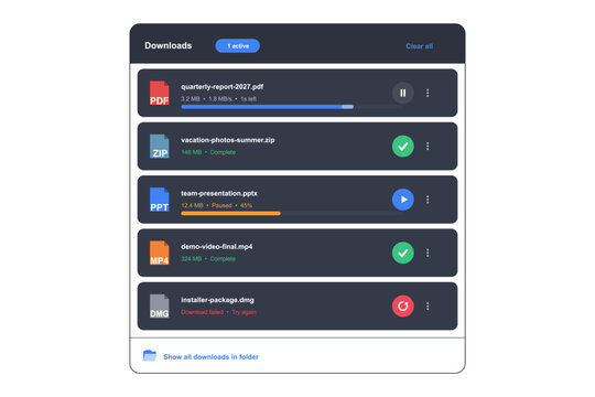 Download manager interface with file status indicators