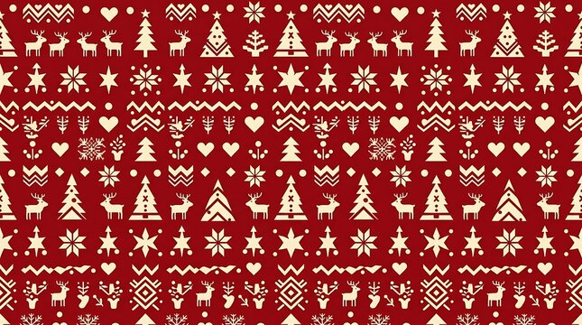 Red nordic christmas pattern with reindeer and trees in folk style