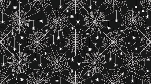 Seamless pattern with white spider webs and spiders on black