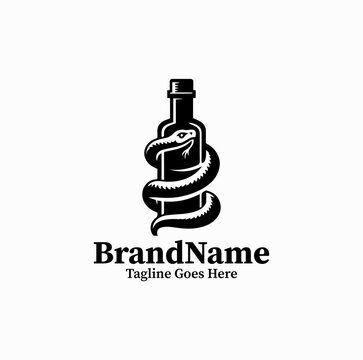 Black Image Vector Logo of Snake Coiled Around Bottle, Venom Tattoo Line Art Engraving Isolated on White Background