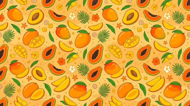 Seamless tropical pattern with mango and papaya fruits