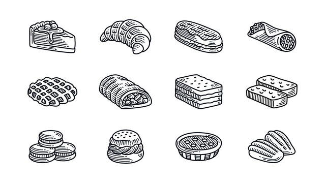 Pastry bakery assortment engraved icon set for pastry shop with croissant, cake slice, burrito wrap, lattice pie, layered pastry, crackers, macarons, cream puff, tart and madeleines
