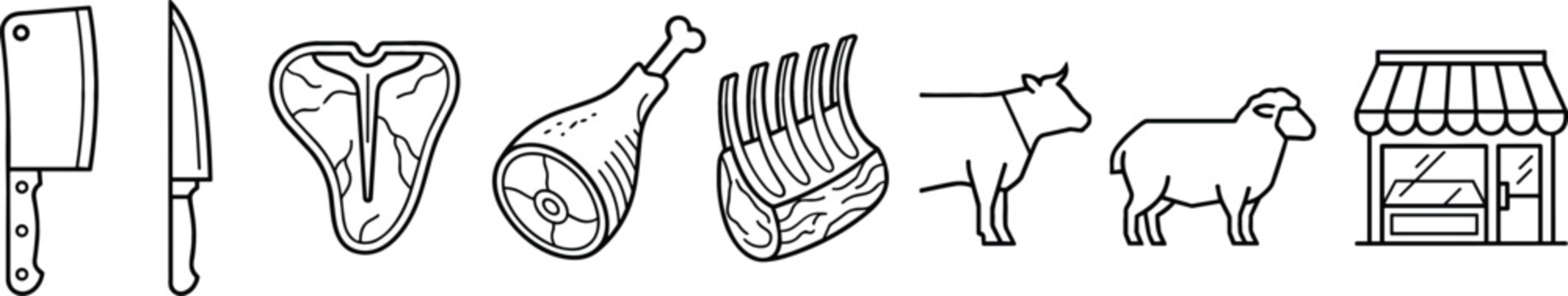 Butcher shop and fresh meat product line icons set representing steak cuts beef pork lamb cleaver knife marketplace store barbecue grilling