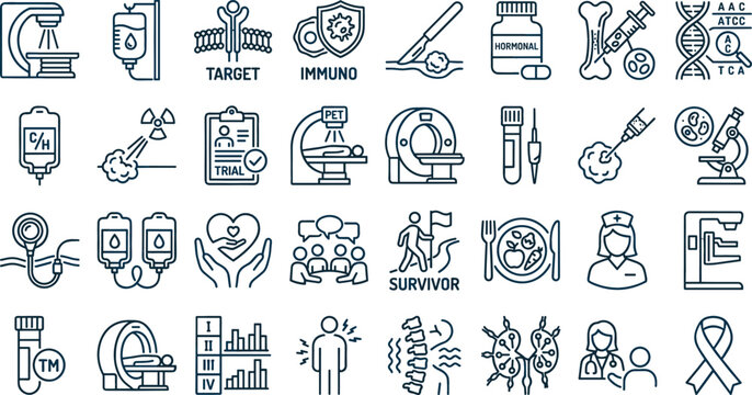 Cancer treatment and oncology medical line icons set representing chemotherapy radiation therapy immunotherapy biopsy diagnostics hospital survivor clinical trials oncology