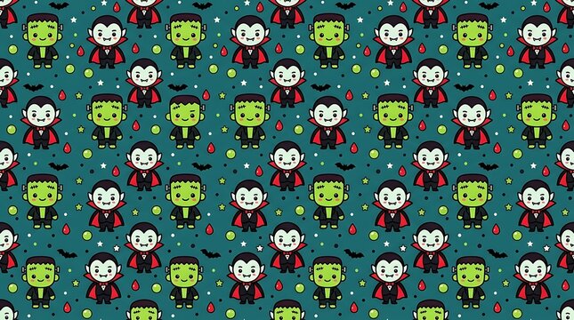 Cute halloween monster seamless pattern with vampires and zombies