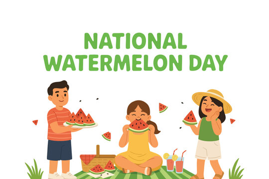 Children enjoying watermelon picnic at outdoor park for national watermelon day summer holiday.