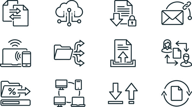 Data exchange and file sharing line icons set representing cloud networking secure transfer digital synchronization and document workflow concepts