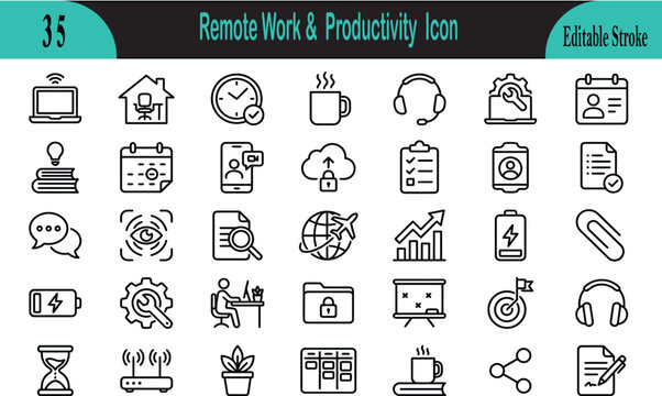 Remote work and productivity icons set for business and organization