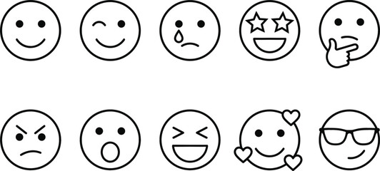 Fototapeta premium Emoji and face emotions line icons set representing digital expression feelings avatar mood feedback character feedback and rating concepts
