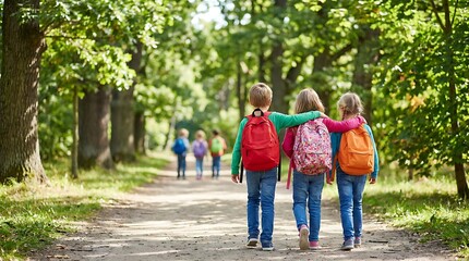 Fototapeta premium Back view of three young students walking on path with backpacks in park on sunny autumn day towards school ready for learning.
