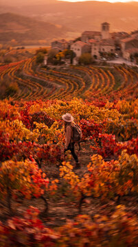 Woman Exploring Autumn Vineyard at Sunset in Picturesque Village Landscape with Vibrant Foliage and Winding Rows
