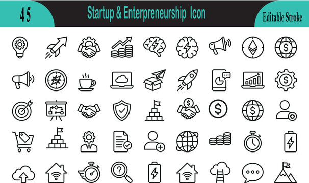 Editable stroke startup and entrepreneurship icons set