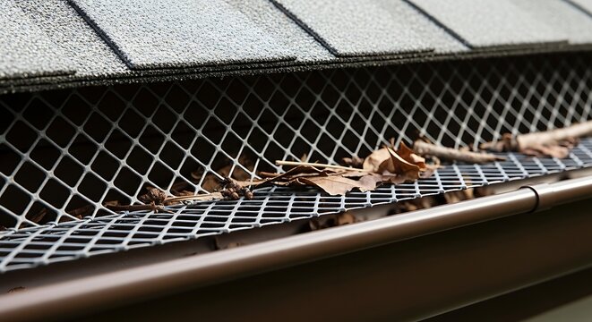 Gutter guard with leaves on roof.