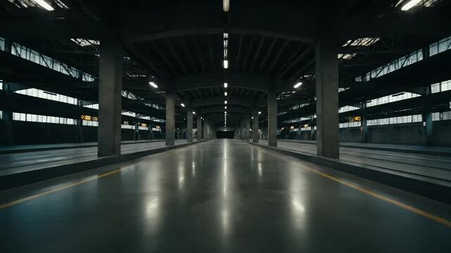Empty dark industrial warehouse interior with shiny concrete floor and overhead lighting.
