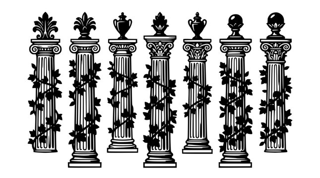 Black and white vector illustration of ornate columns with ivy