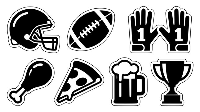 Black and white vector graphic illustration of football party icons