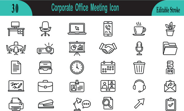 Corporate office meeting icons set editable stroke