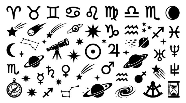 Black and white vector illustration of various astrology symbols