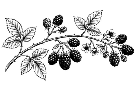 Blackberry branch with leaves and ripe blackberries illustration