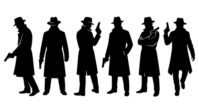 Six black silhouettes of men with guns and hats standing