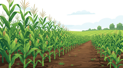 Obraz premium Corn Field Landscape Vector Illustration with Rows of Maize Plants for Agriculture Farming and Autumn Harvest Graphics