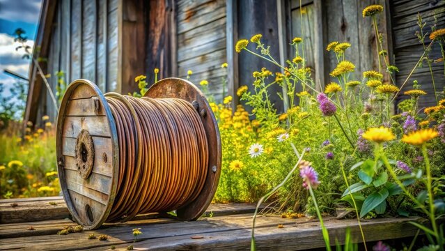 A weathered copper wire spool sits atop a rusty metal reel set against a backdrop of worn wooden planks and overgrown wildflowers