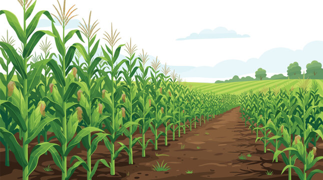 Corn Field Landscape Vector Illustration with Rows of Maize Plants for Agriculture Farming and Autumn Harvest Graphics