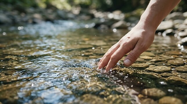 Close up of a hand touching clear water in a rocky forest stream