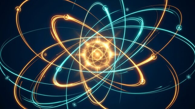 Abstract glowing atomic structure with electron orbits on dark background