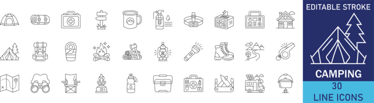 Outdoor camping adventure and wilderness nature tourism line icon set. Vector symbols for summer camp tent, hiking equipment gear, campfire wood, forest travel scouting, and active recreation.