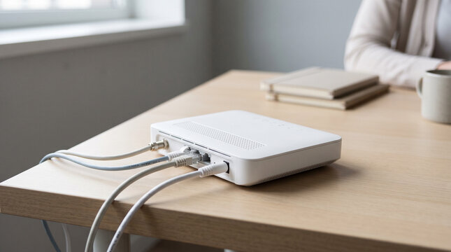 Wireless router on office desk with connected cables