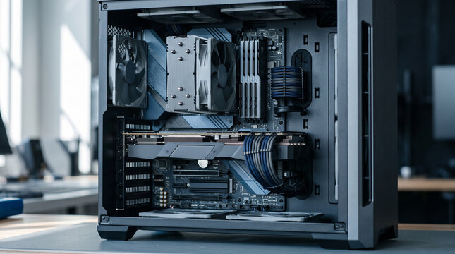 Open desktop computer with visible internal components
