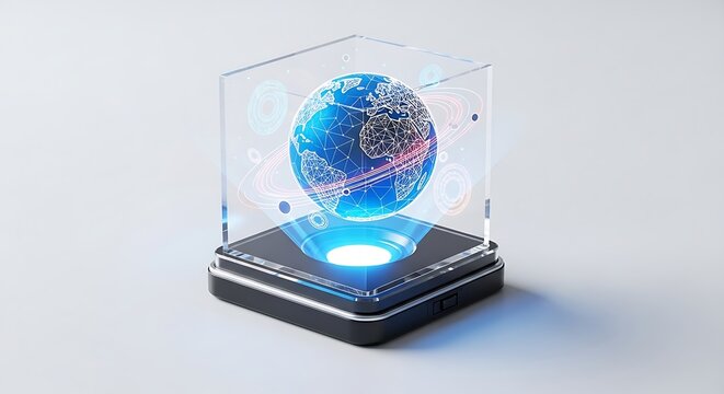 Holographic projection of planet earth glowing inside a glass display cube on a white background.