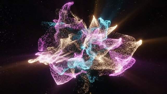 Abstract particle cloud bursting out in vibrant colors against a dark space background with floating particles